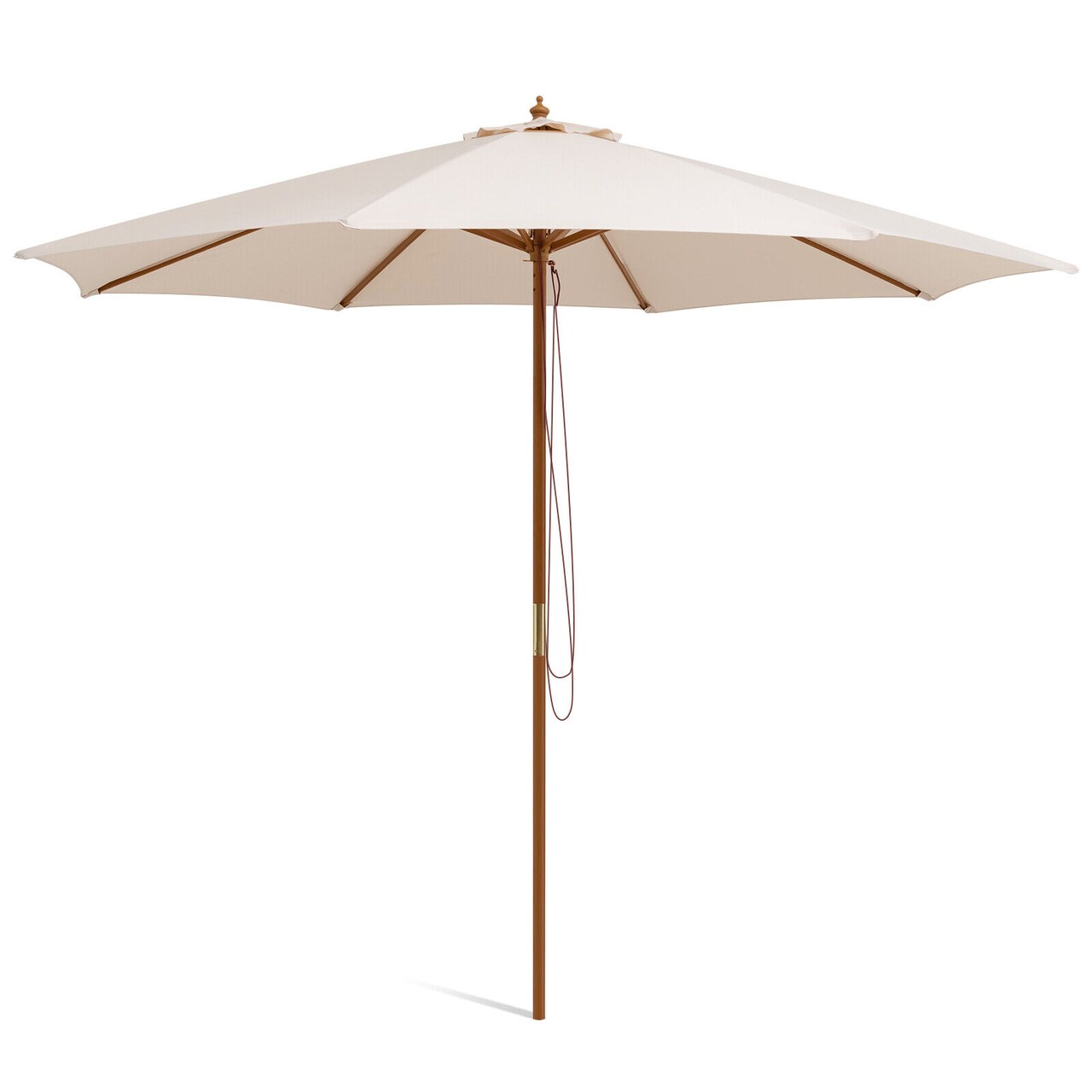 Beige Wooden Patio Umbrella 10 Ft Rope Pulley Adjustable Vented Canopy Outdoor